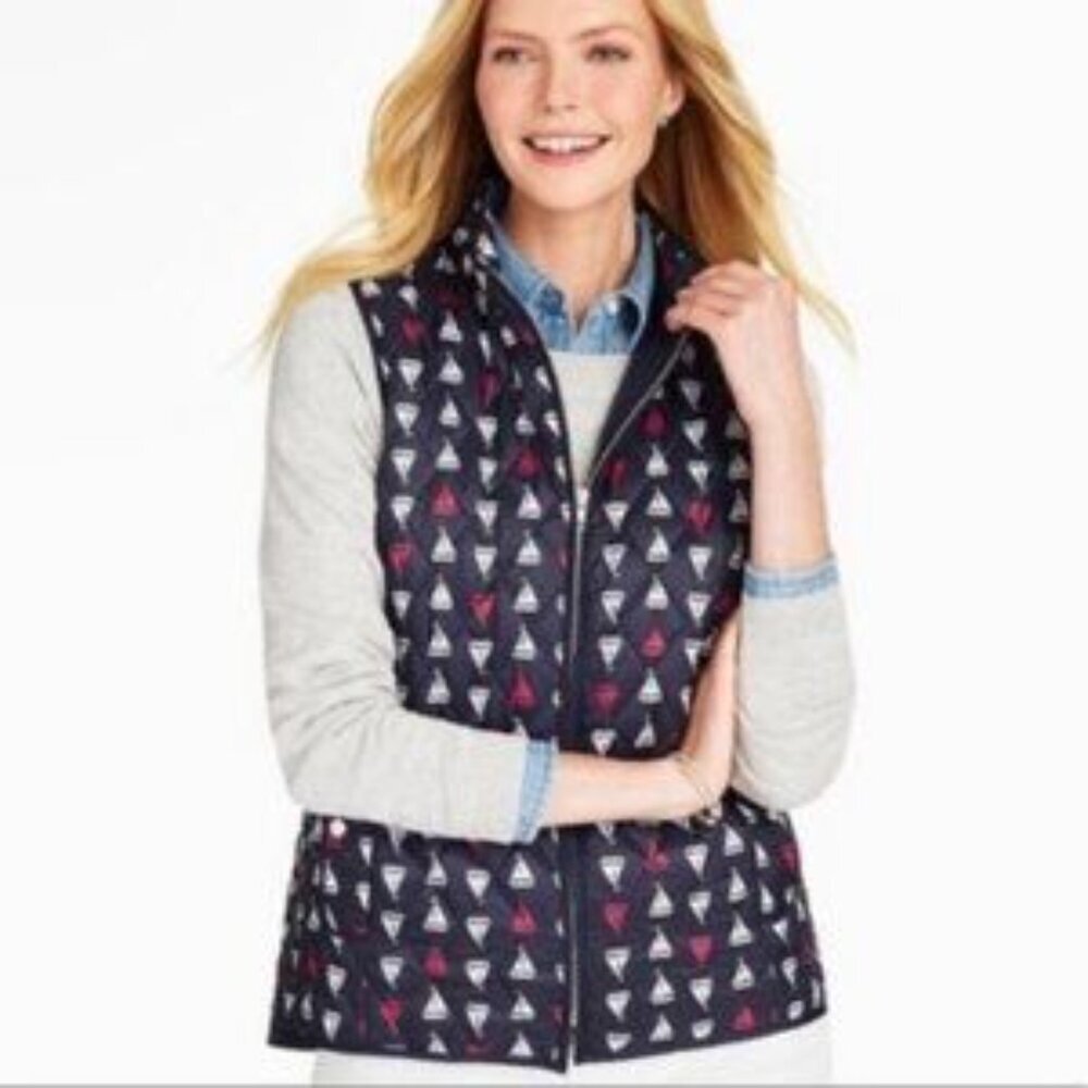Talbots Nautical Sailboat Diamond Quilted Puffer Vest Women's Size Large
